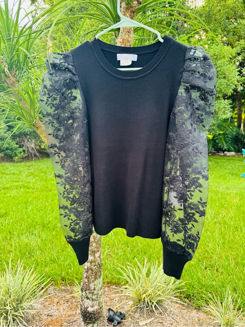 Black Puff Sleeve Lace-Overlay Sweater Top